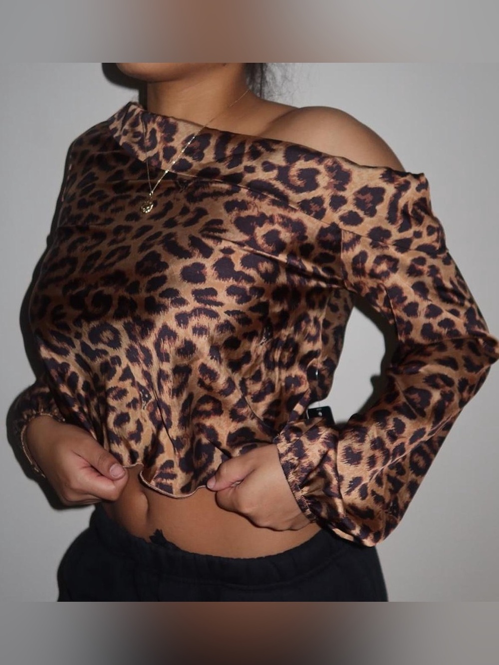 Express Leopard Off-Shoulder Satin Tunic - Brown & Black